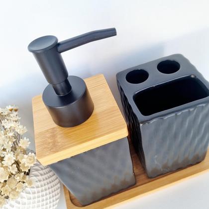 Imagem de Kit Banheiro Lavabo Bambu Bandeja Porta Escova Sabonete 3 Peças