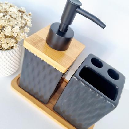 Imagem de Kit Banheiro Lavabo Bambu Bandeja Porta Escova Sabonete 3 Peças