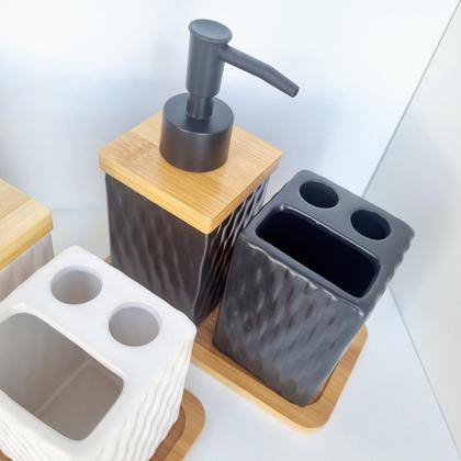 Imagem de Kit Banheiro Lavabo Bambu Bandeja Porta Escova Sabonete 3 Peças