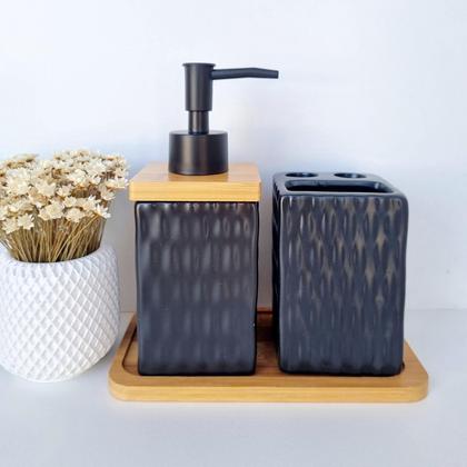 Imagem de Kit Banheiro Lavabo Bambu Bandeja Porta Escova Sabonete 3 Peças