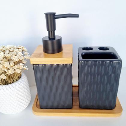 Imagem de Kit Banheiro Lavabo Bambu Bandeja Porta Escova Sabonete 3 Peças