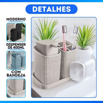 Imagem de Kit Banheiro Lavabo Decoração Luxo Porta Escovas Sabonete Líquido Com Bandeja