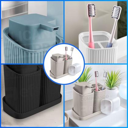 Imagem de Kit Banheiro Lavabo Decoração Luxo Porta Escovas Sabonete Líquido Com Bandeja