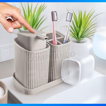 Imagem de Kit Banheiro Lavabo Decoração Luxo Porta Escovas Sabonete Líquido Com Bandeja