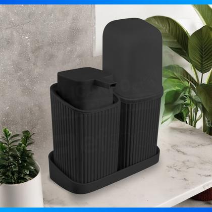 Imagem de Kit Banheiro Lavabo Decoração Luxo Porta Escovas Sabonete Líquido Com Bandeja