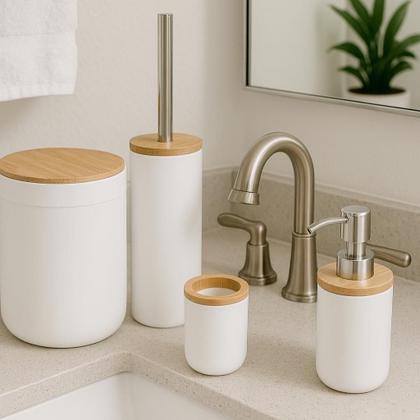 Imagem de Kit Banheiro Lavabo Luxo Conjunto Completo 4 Pçs Bambú Com Lixeira