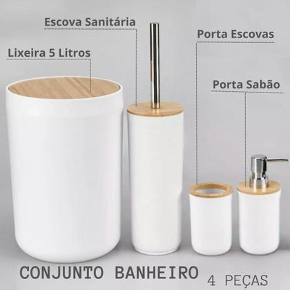 Imagem de Kit Banheiro Lavabo Luxo Conjunto Completo 4 Pçs Bambú Com Lixeira