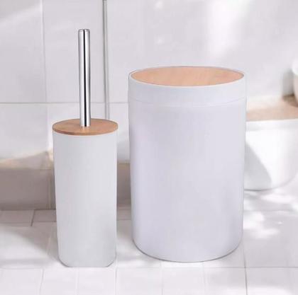 Imagem de Kit Banheiro Lavabo Luxo Conjunto Completo 4 Pçs Bambú Com Lixeira