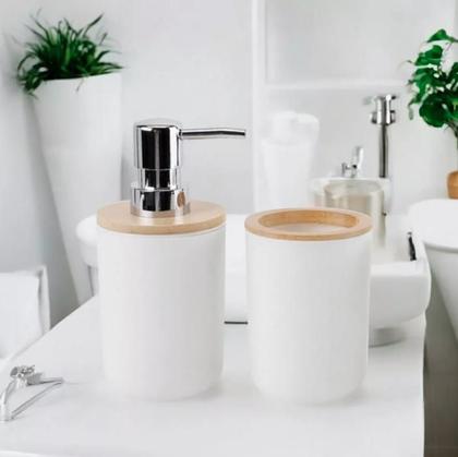 Imagem de Kit Banheiro Lavabo Luxo Conjunto Completo 4 Pçs Bambú Com Lixeira