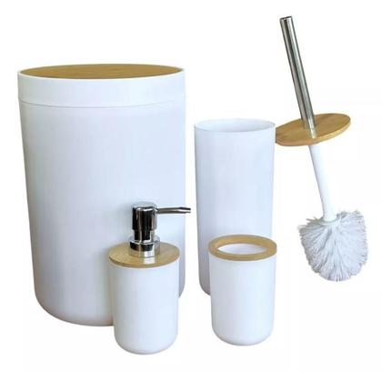 Imagem de Kit Banheiro Lavabo Luxo Conjunto Completo 4 Pçs Bambú Com Lixeira