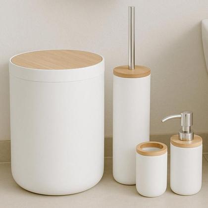Imagem de Kit Banheiro Lavabo Luxo Conjunto Completo 4 Pçs Bambú Com Lixeira