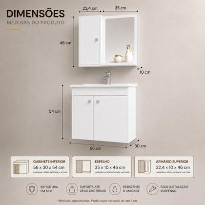 Imagem de Kit Banheiro Lucca Gabinete com Cuba e Armário Espelheira MDF Branco