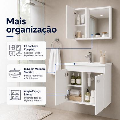 Imagem de Kit Banheiro Lucca Gabinete com Cuba e Armário Espelheira MDF Branco