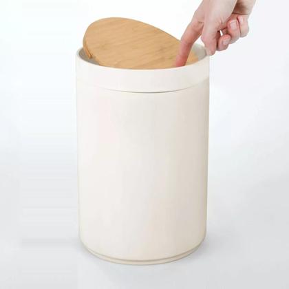 Imagem de Kit Banheiro Moderno Conjunto com Lixeira Porta Escova de Dente Dispenser Escova Sanitária Bambu