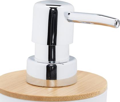 Imagem de Kit Banheiro Moderno Conjunto com Lixeira Porta Escova de Dente Dispenser Escova Sanitária Bambu