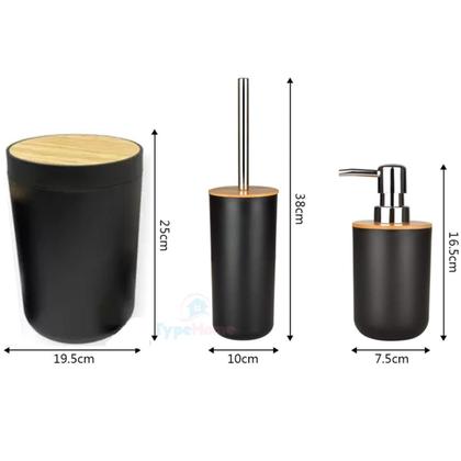 Imagem de Kit Banheiro Moderno Conjunto com Lixeira Porta Escova de Dente Dispenser Escova Sanitária Bambu