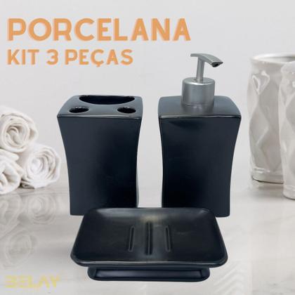 Imagem de Kit Banheiro Porcelana Preto 3 Peças Lavabo Porta Sabonete Líquido Suporte Escova de Dente Saboneteira Pia