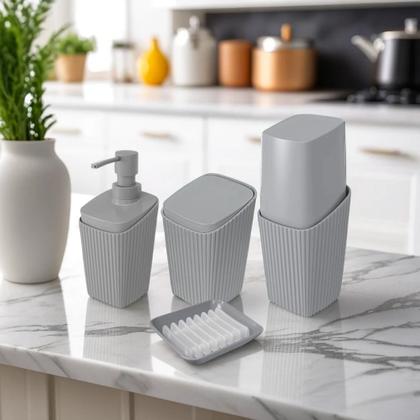 Imagem de Kit Banheiro Porta Escova Cotonete Dispenser Saboneteira New Square Cinza - Coza