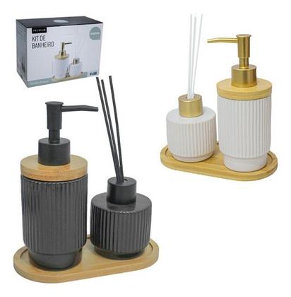 Imagem de Kit Banheiro Premium Bambu Porta Escova Sabonete  Elegante