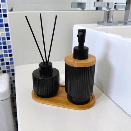 Imagem de Kit Banheiro Premium Bambu Porta Escova Sabonete  Elegante