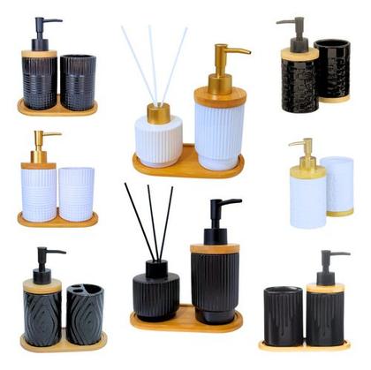 Imagem de Kit Banheiro Premium Bambu Porta Escova Sabonete  Elegante