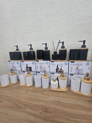 Imagem de Kit Banheiro Premium Bambu Porta Escova Sabonete  Elegante