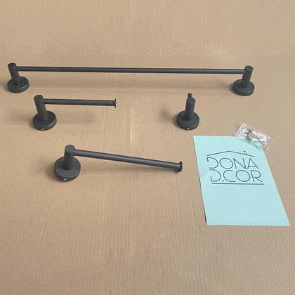 Imagem de Kit Banheiro Preto Fosco Inox 304 4 Peças Toalheiro Porta Papel Higienico Porta Toalha Gancho Cabide Suporte Parede Kit Acessorio Lavabo Black Luxo