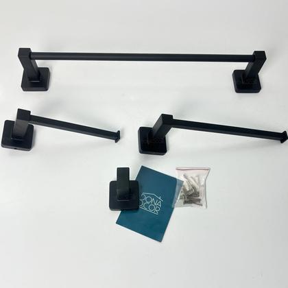 Imagem de Kit Banheiro Preto Fosco Metal Inox Acessórios Quadrado Toalheiro Reto Cabide Papeleira Jogo 4 Peças