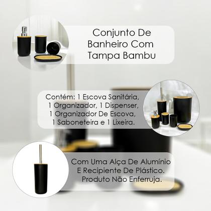 Imagem de Kit Banheiro Sofisticado Escova Sanitária Acessórios Lavabo Preto Branco 6 Peças Completo Decoração Lixeira Tampa Aberta