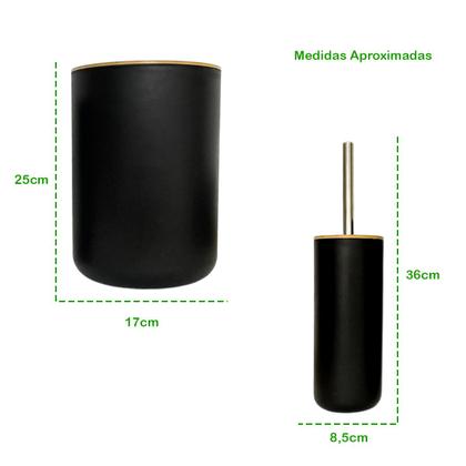 Imagem de Kit Banheiro Sofisticado Escova Sanitária Acessórios Lavabo Preto Branco 6 Peças Completo Decoração Lixeira Tampa Aberta