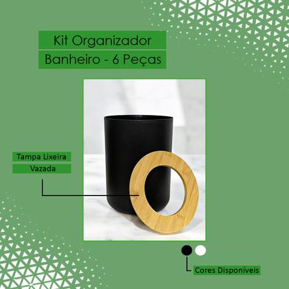 Imagem de Kit Banheiro Sofisticado Escova Sanitária Acessórios Lavabo Preto Branco 6 Peças Completo Decoração Lixeira Tampa Aberta