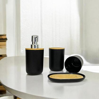 Imagem de Kit Banheiro Sofisticado Escova Sanitária Acessórios Lavabo Preto Branco 6 Peças Completo Decoração Lixeira Tampa Aberta