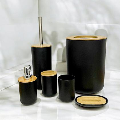 Imagem de Kit Banheiro Sofisticado Escova Sanitária Acessórios Lavabo Preto Branco 6 Peças Completo Decoração Lixeira Tampa Aberta