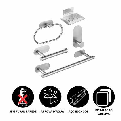 Imagem de Kit Banheiro Suporte Inox Autoadesivo Com 5 Peças Prata