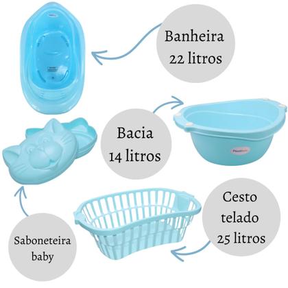 Imagem de Kit banho bebe 8 peças banheira balde bacia lixeira organizador cesto saboneteira porta algodão