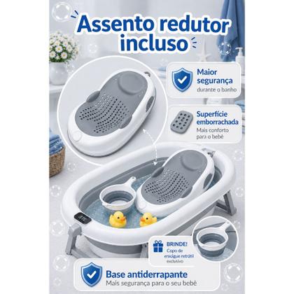 Imagem de Kit Banho Completo Banheira retrátil 43 Litros Cor Cinza e Branco com termômetro, Assento Redutor Recém Nascido Suporte Articulado Brinde Copo Enxágue