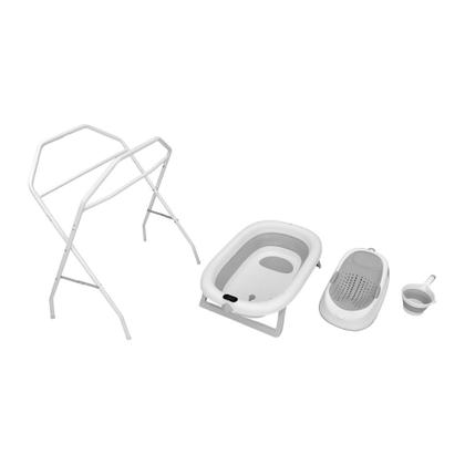 Imagem de Kit Banho Completo Banheira retrátil 43 Litros Cor Cinza e Branco com termômetro, Assento Redutor Recém Nascido Suporte Articulado Brinde Copo Enxágue