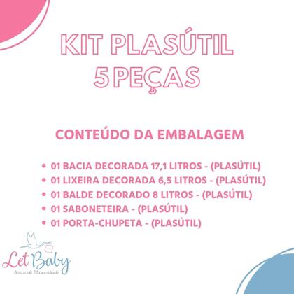 Imagem de Kit banho do bebê 5 peças bacia decorada ludica plasutil + balde + lixeira + saboneteira