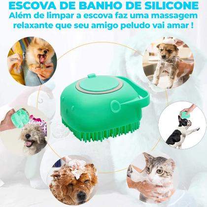 Imagem de Kit Banho Lava Pet Escova Vapor Luva Tira Pelos Esponja Dispenser de Shampoo 3 em 1