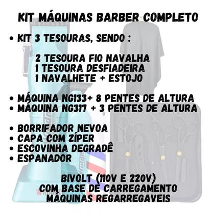 Imagem de Kit Barbeiro Cabeleireiro Pente Navalhete Tesouras Aço Inox Cor Preto Kit Maquina Cortar Cabelo Ng 133 + Acabamento Ng 317 Wmark Tesouras Profissional