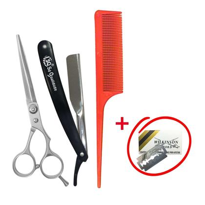 Imagem de Kit Barbeiro Profissonal Tesoura Inox 6 Polegadas Navalhete Sq3290 Pente Brinde Lamina Wilkinson