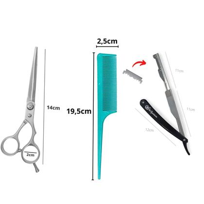 Imagem de Kit Barbeiro Profissonal Tesoura Inox 6 Polegadas Navalhete Sq3290 Pente Brinde Lamina Wilkinson