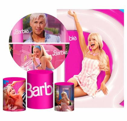 Imagem de Kit Barbie Painel Redondo Trio Capas Retangular Tecido