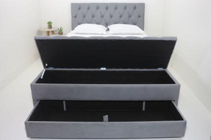 Imagem de Kit Baú Gaveta e Cabeceira Capitonê Estofada Queen 160x60cm Cor Cinza - Veludo Suede Liso