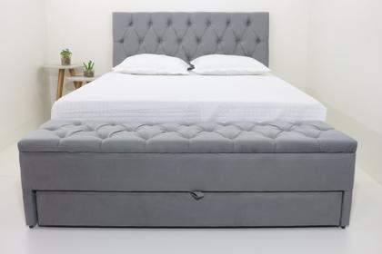 Imagem de Kit Baú Gaveta e Cabeceira Capitonê Estofada Queen 160x60cm Cor Cinza - Veludo Suede Liso