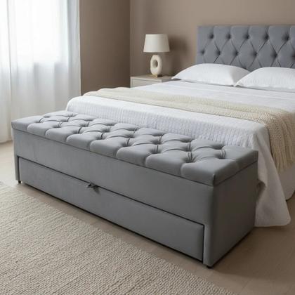 Imagem de Kit Baú Gaveta e Cabeceira Capitonê Estofada Queen 160x60cm Cor Cinza - Veludo Suede Liso