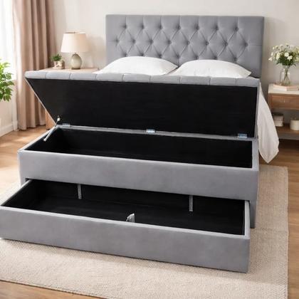 Imagem de Kit Baú Gaveta e Cabeceira Capitonê Estofada Queen 160x60cm Cor Cinza - Veludo Suede Liso