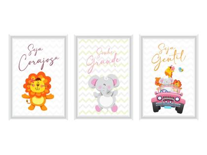 Imagem de Kit Bebe Mdf Rosa Menina Safari + Trio De Quadros Decoração