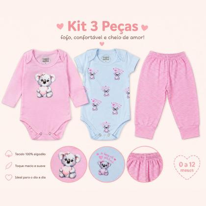 Imagem de Kit Bebê Menina 3 Peças Coala em Suedine Body Manga Longa e Curta + Calça com Punho