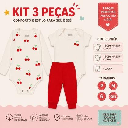Imagem de Kit Bebê Menina 3 Peças Suedine Algodão Body Manga Longa + Body Manga Curta + Calça Cerejinha